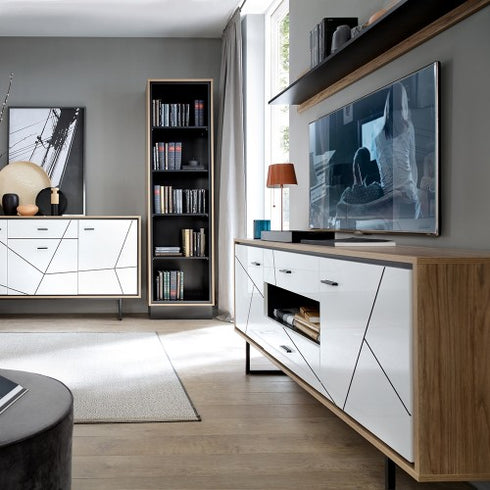 Brolo 2 door 2 drawer TV unit With the walnut and dark panel finish